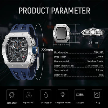 TSAR BOMBA New TB8204 Watch for Men, Japan Quartz Chronograph, 50M Waterproof Wristwatch, Fashion Sport Clock, Luxury Gift