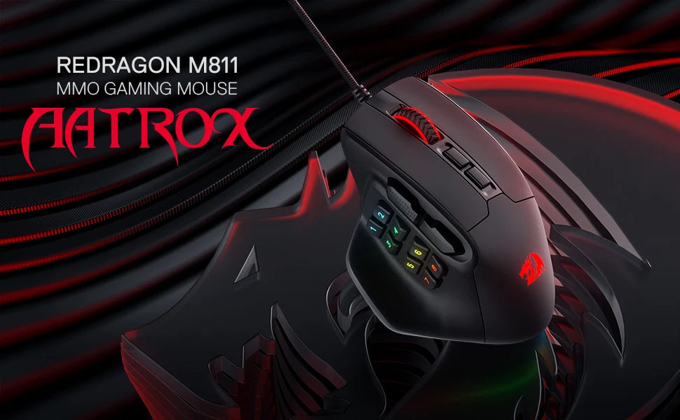 Redragon M811 Aatrox MMO žaidimų pelė, 15 programuojamų mygtukų, laidinė RGB žaidėjų pelė su ergonomiška natūralaus suėmimo konstrukcija