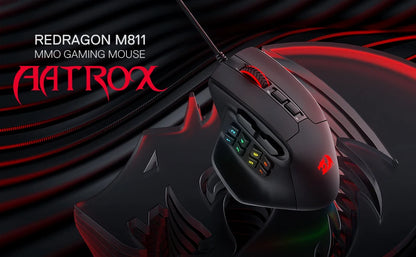 Redragon M811 Aatrox MMO žaidimų pelė, 15 programuojamų mygtukų, laidinė RGB žaidėjų pelė su ergonomiška natūralaus suėmimo konstrukcija