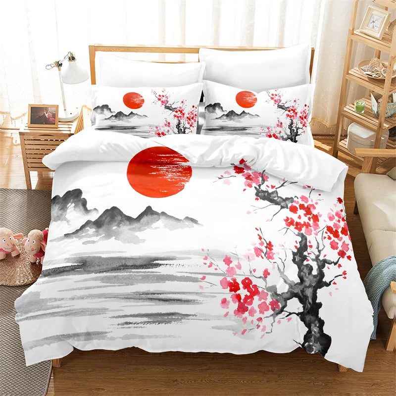 Conjunto de capa de edredão com pintura de bambu, conjunto de roupa de cama em estilo chinês, linho juvenil, tamanho Queen, conjunto de capa de edredão, conjunto de roupa de cama moderno