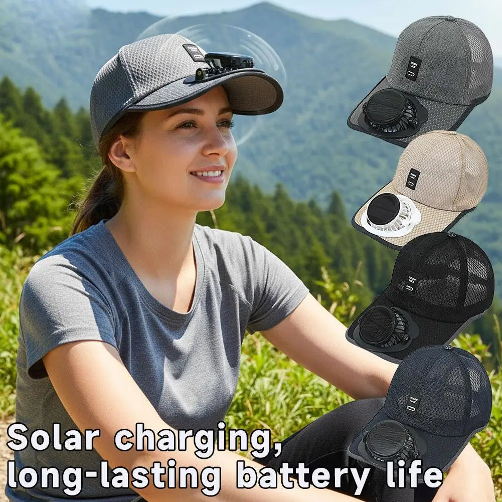 Prodyšný sluneční klobouk — solární ventilátor, nabíjení přes USB