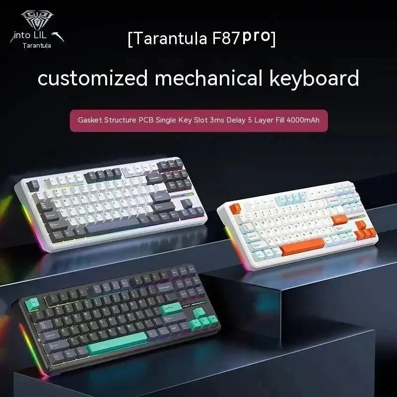 Teclado Mecânico AULA F87 Pro 2.4g/USB/Bluetooth sem fios trimodo, 87 teclas, RGB, PBT, estrutura gasket, 5 camadas de isolamento acústico, teclas completas sem impacto