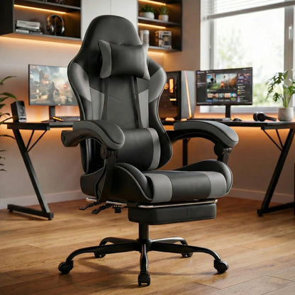 Ergonomic Gaming Chair with Lumbar Support, Breathable PU Leather Gaming Chair, Reclining Computer Gaming Chair with Footrest & Adjustable Height