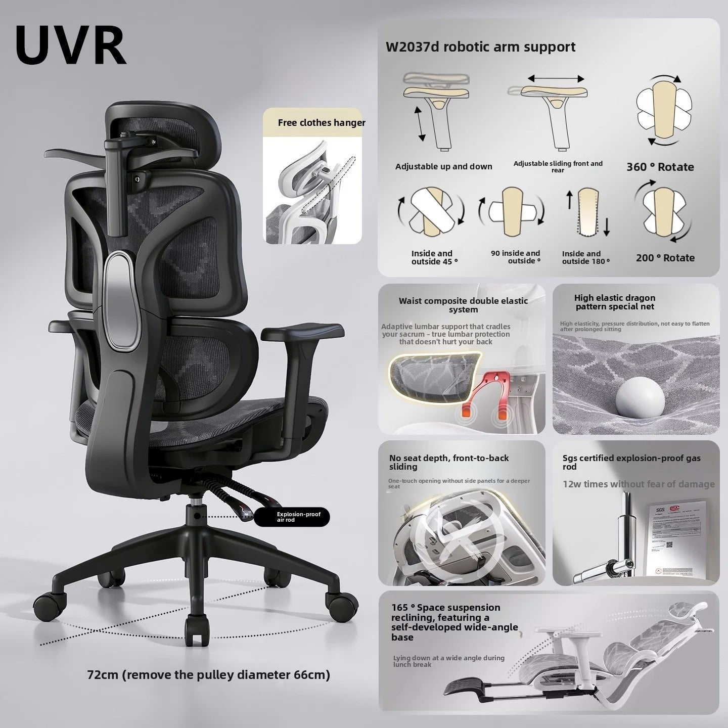 UVR Ergonomic Gaming Chair Comfortable Computer Chair with Footrest, Adjustable Office Chair, Reclining E-Sports Chair for Long Sitting and Work