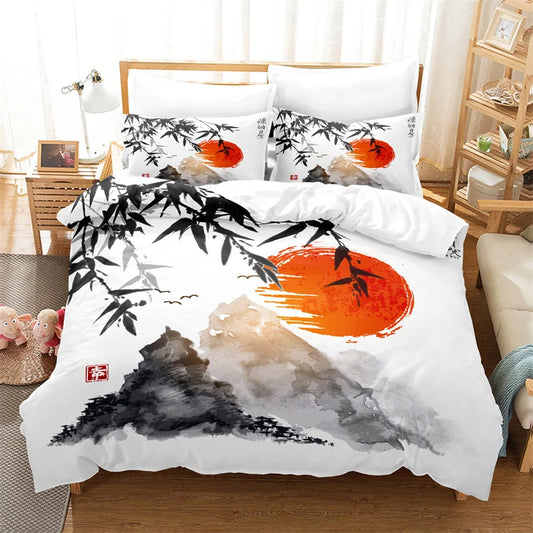 Conjunto de capa de edredão com pintura de bambu, conjunto de roupa de cama em estilo chinês, linho juvenil, tamanho Queen, conjunto de capa de edredão, conjunto de roupa de cama moderno