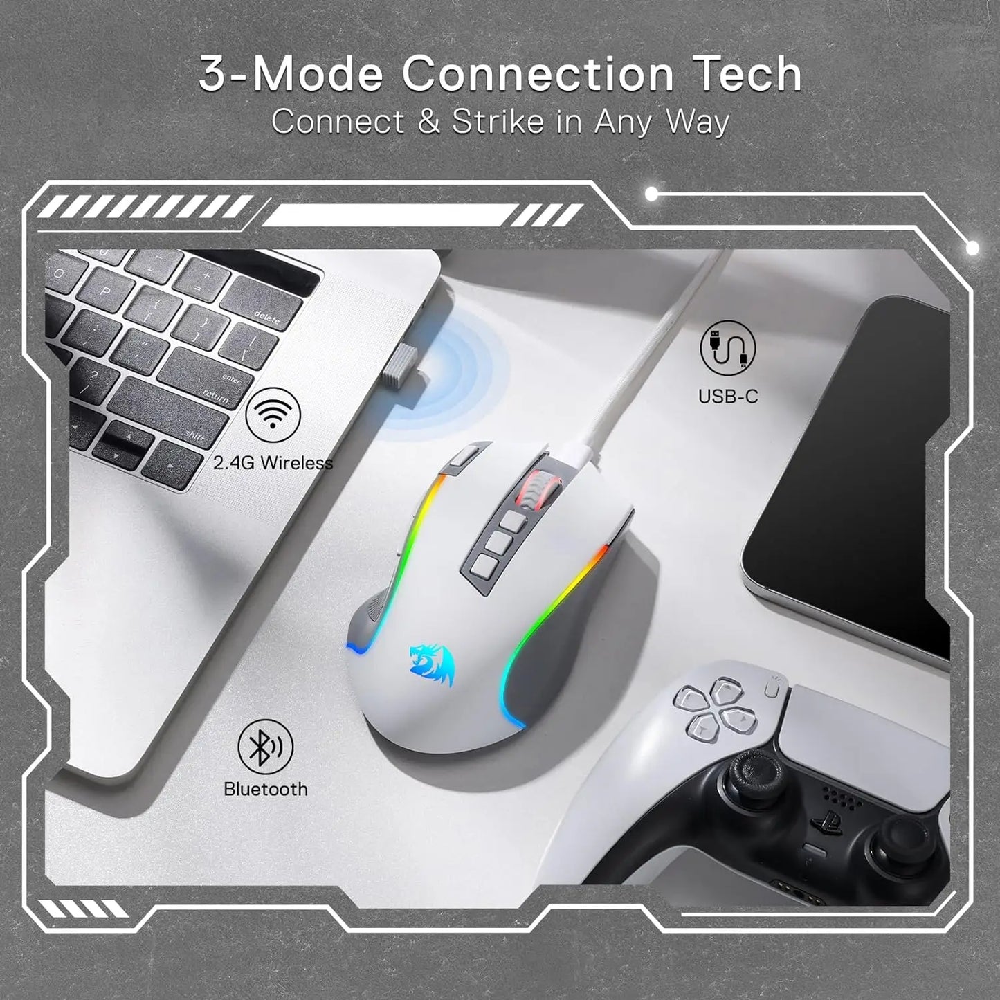 Redragon M612 PRO RGB BT 2.4G Ratón gaming gamer, óptico inalámbrico de 8000 DPI, 9 botones programables, 7 modos de retroiluminación, B