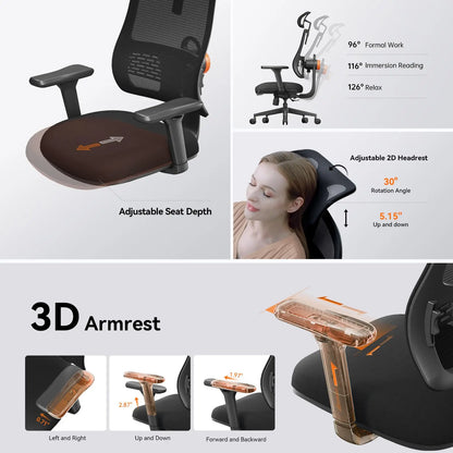 NEWTRAL MAGICH003 Ergonomic Office Chair with Adaptive Lumbar Support, Auto-Following Backrest, Adjustable Headrest, 3D Armrests & Seat Depth