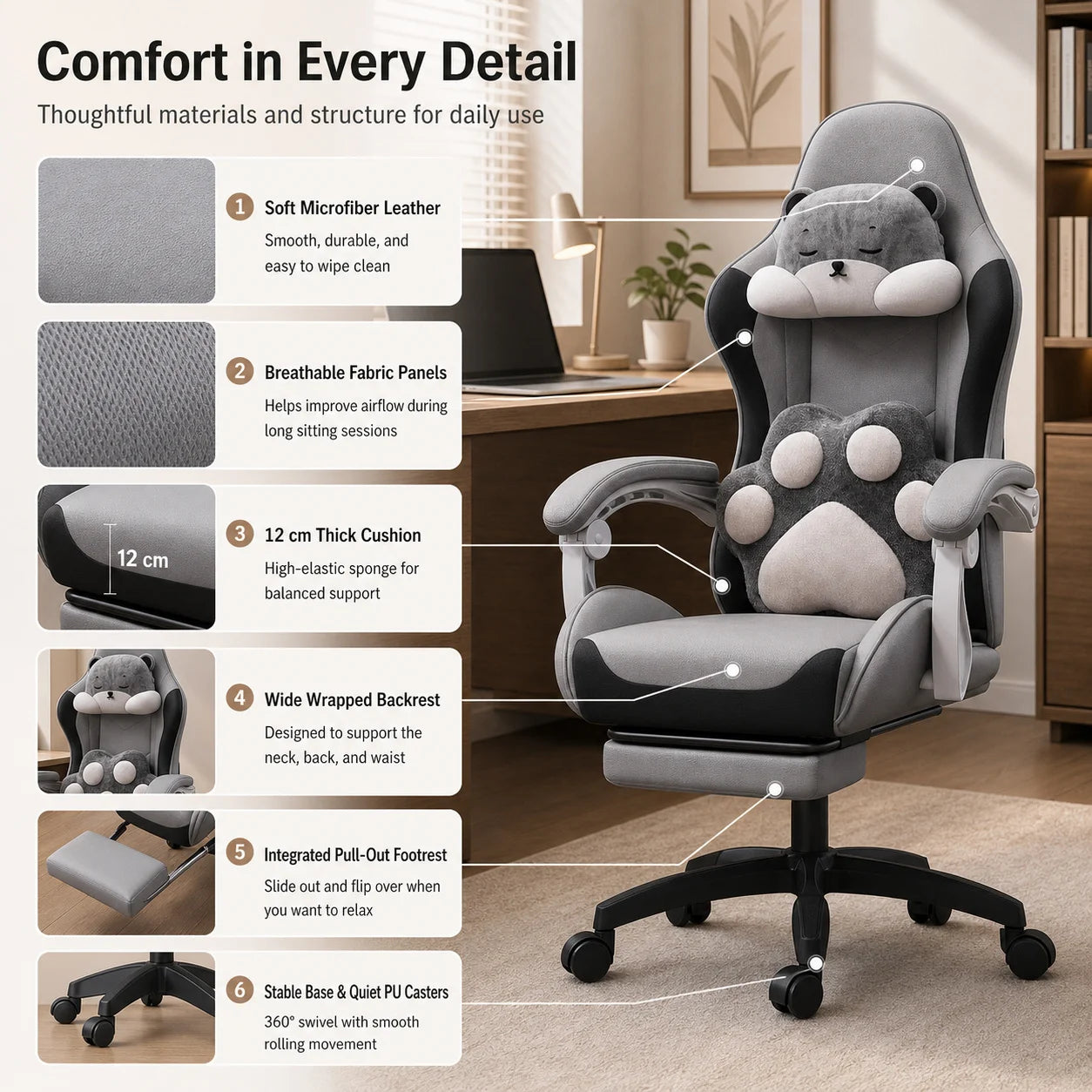 AOLIVIYA Gaming Chair Ergonomic Reclining Computer Chair with Footrest, Adjustable Swivel Gaming Chair for Streaming, Office & Long Sitting
