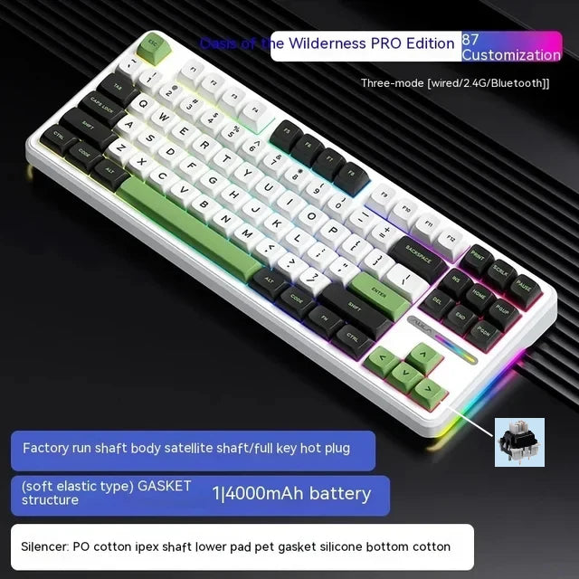 Teclado Mecânico AULA F87 Pro 2.4g/USB/Bluetooth sem fios trimodo, 87 teclas, RGB, PBT, estrutura gasket, 5 camadas de isolamento acústico, teclas completas sem impacto