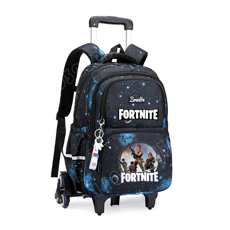 Mochila com Rodas Fortnite Anime, Impermeável, de Grande Capacidade, para Estudante — Saco Escolar Casual de Viagem com Carrinho e Subida Fácil de Escadas