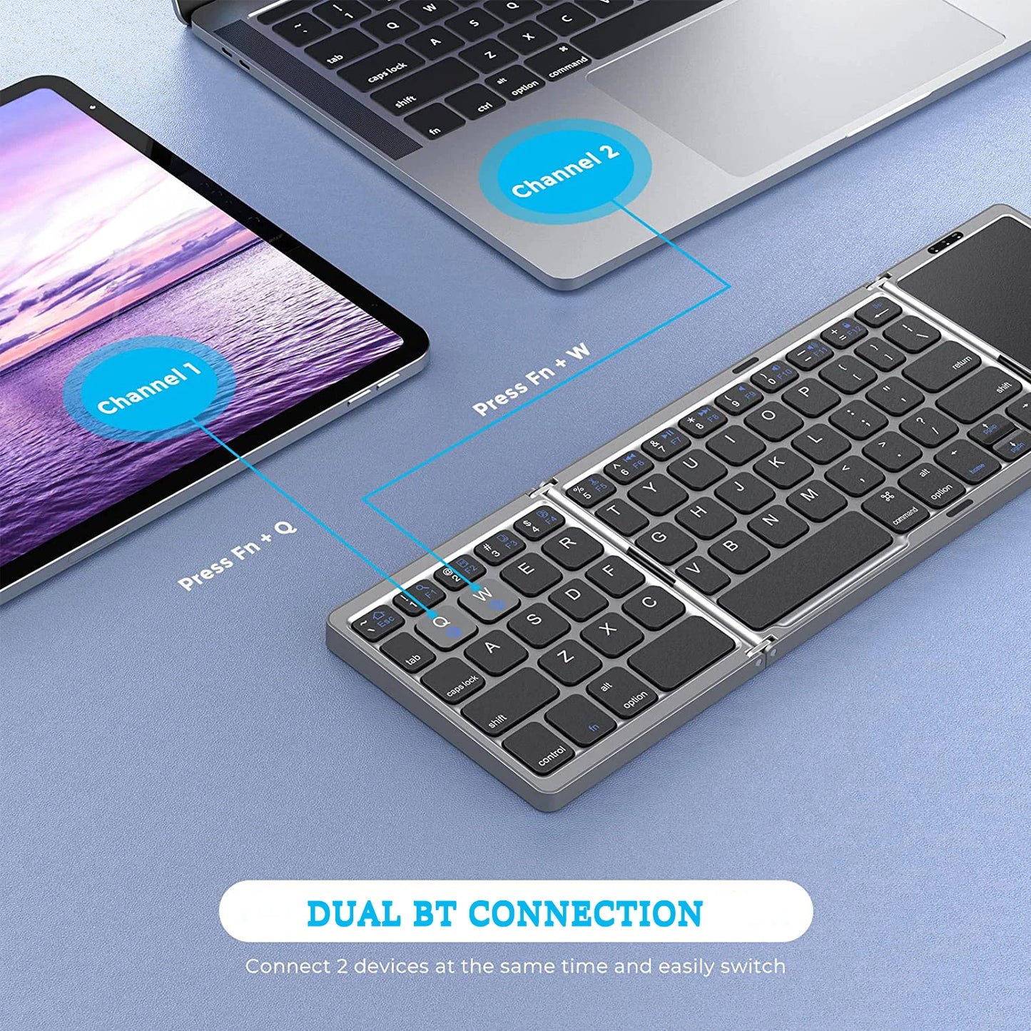 Dual Bluetooth 5.1 Keyboard 3-Folding Mini Keyboard Rechargeable Foldable Keyboard with Touchpad for Windows Android IOS iPad