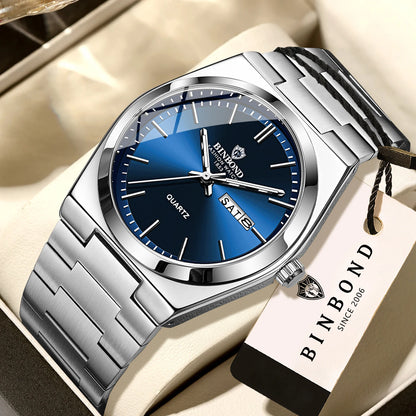 Montre-bracelet à quartz de luxe BINBOND, lumineuse, étanche, jour de la semaine, date automatique, bracelet en acier, style business, sport, mode et décontracté.