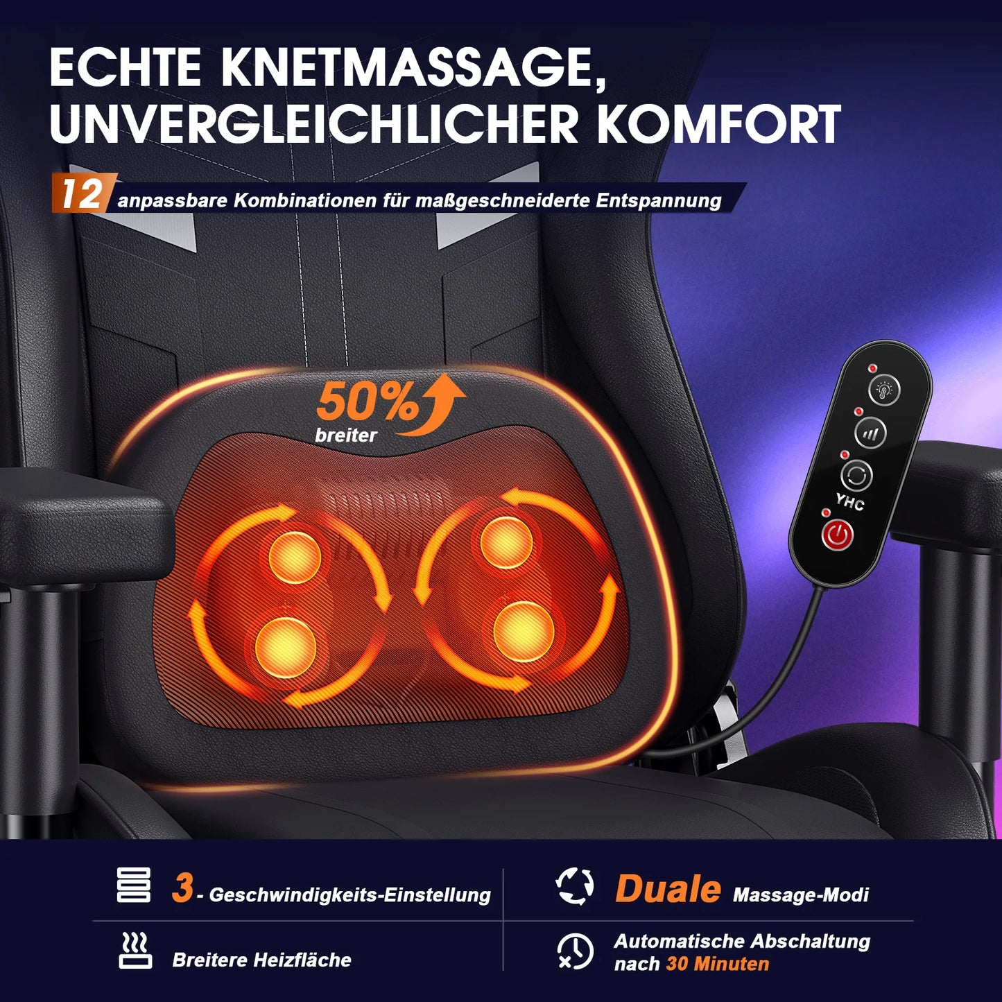 GC-RC03 Ergonomic Gaming Chair with Massage & Heating, 175° Reclining Computer Chair, Lumbar Support Office Chair with Footrest
