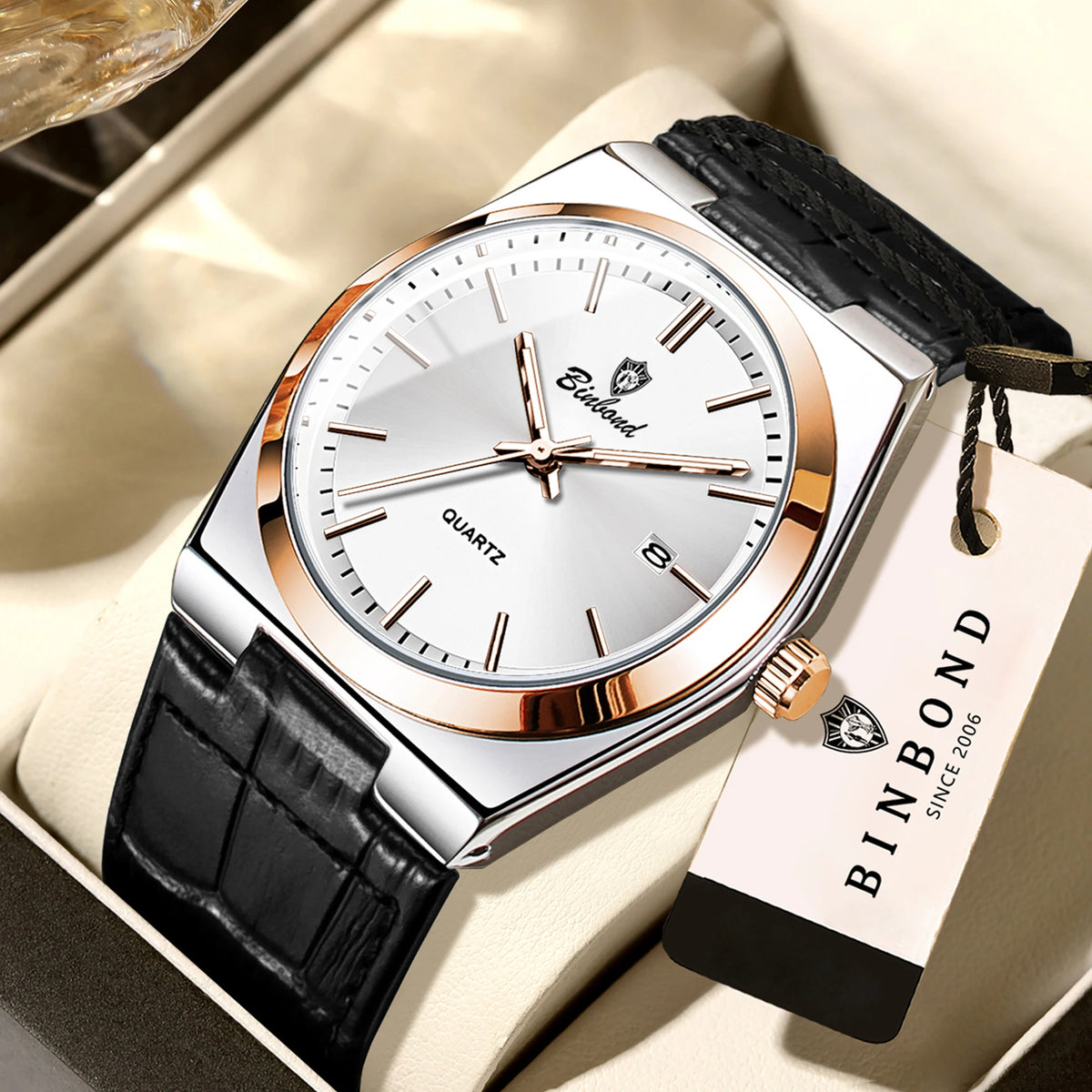 Montre-bracelet à quartz de luxe BINBOND pour homme – Étanche, lumineuse, avec date automatique – Style professionnel, sportif, tendance et décontracté – Bracelet en cuir