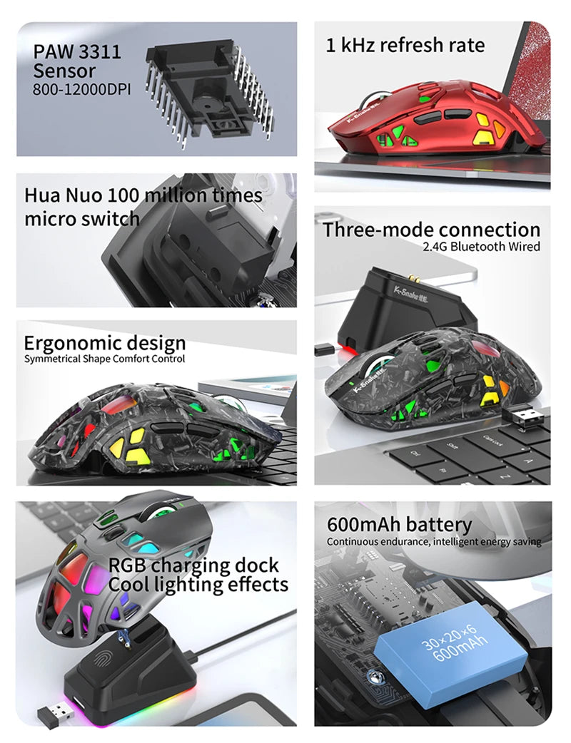 Lenovo Tri-Mode Gaming Mouse Wireless with RGB Charging Dock, 12000DPI Ergonomic Rechargeable Mouse, Bluetooth 2.4G USB Mouse for PC Laptop