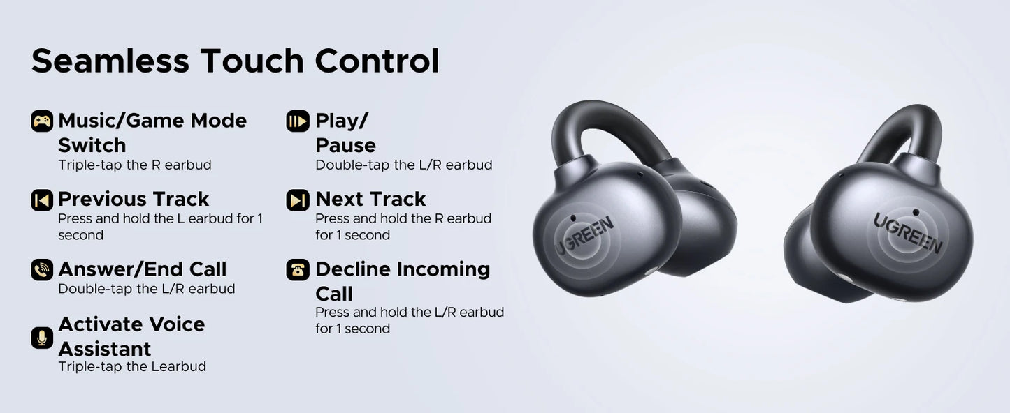 UGREEN ClipBuds Open-Ear Wireless Bluetooth 6.0 Earbuds with 4 Mic Clear Call, 30H Playtime Clip-On Earphones, Waterproof Sport Headphones