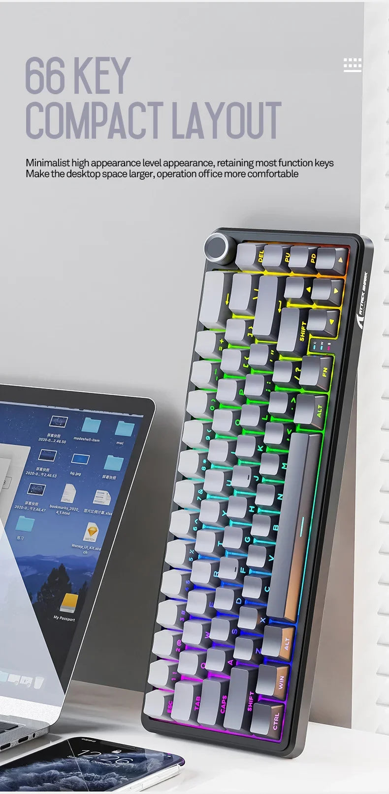 Teclado mecánico inalámbrico Attack Shark X66 con diseño compacto 65%, retroiluminación RGB, montaje gasket, hot swap, Bluetooth, USB-C, PBT y batería de gran capacidad
