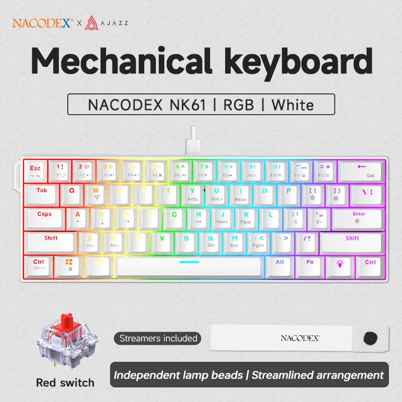 Teclado mecânico gaming com fios AJAZZ NK61 60% RGB hot-swappable, 61 teclas, switch vermelho, mini teclado para PC gamer