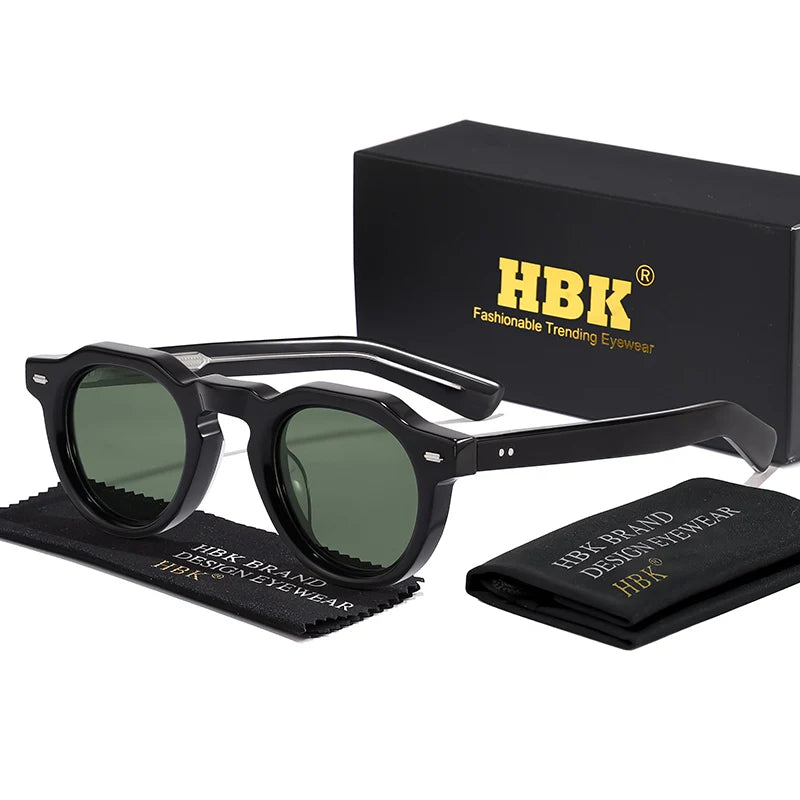 HBK Vintage Simple Round Men Sunglasses Small Frame High-Quality Acetate Frame Sun Glasses Women Party Travel Outdoor Glasses