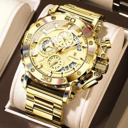 POEDAGAR Herren-Luxusuhr, leuchtend, wasserdicht, Chronograph, Datumsanzeige, Edelstahl, Quarz, Reloj