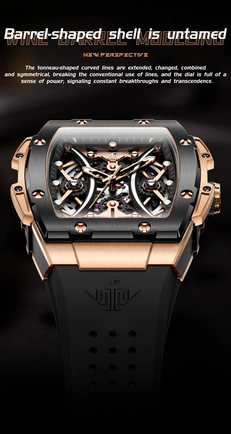 Reloj OUPINKE para hombre, clásico de lujo, esfera tonneau, marca premium original, movimiento mecánico automático, correa de silicona, cristal de zafiro, nuevo