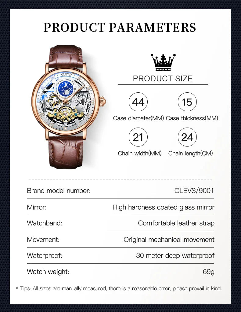 OLEVS Skeleton Watches Mechanical Automatic Watch Men Tourbillon Sport Clock Casual Business Moon Wrist Watch Relojes Hombre