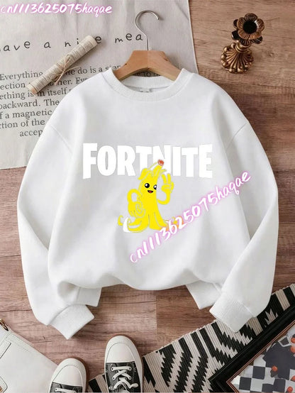 Sweat-shirts Fortnite novos para criança, hoodie com estampado de personagem de jogo em estilo cartoon, camisolas casuais de outono para criança, roupa de inverno para bebé menino
