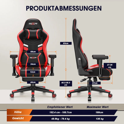 GC-RC03 Ergonomic Gaming Chair with Massage & Heating, 175° Reclining Computer Chair, Lumbar Support Office Chair with Footrest