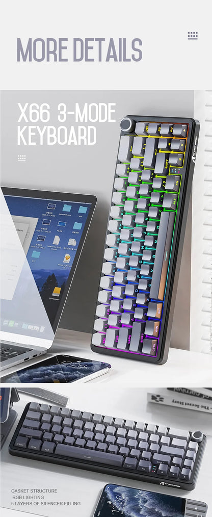 Teclado mecánico inalámbrico Attack Shark X66 con diseño compacto 65%, retroiluminación RGB, montaje gasket, hot swap, Bluetooth, USB-C, PBT y batería de gran capacidad