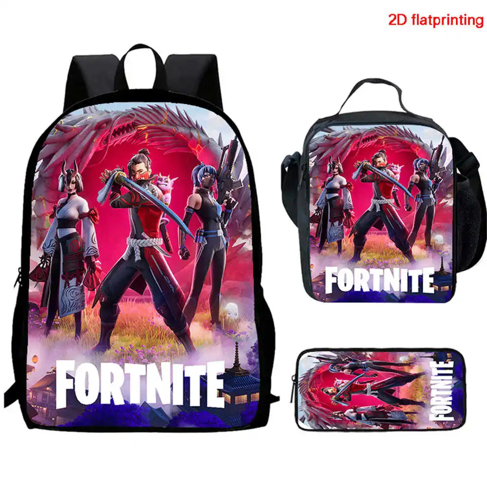 Set Fortnite Cartoon de 3 piezas, gran capacidad, adecuado para niños y niñas de 5 a 8 años, incluye mochila, bolsa para comida y estuche para lápices