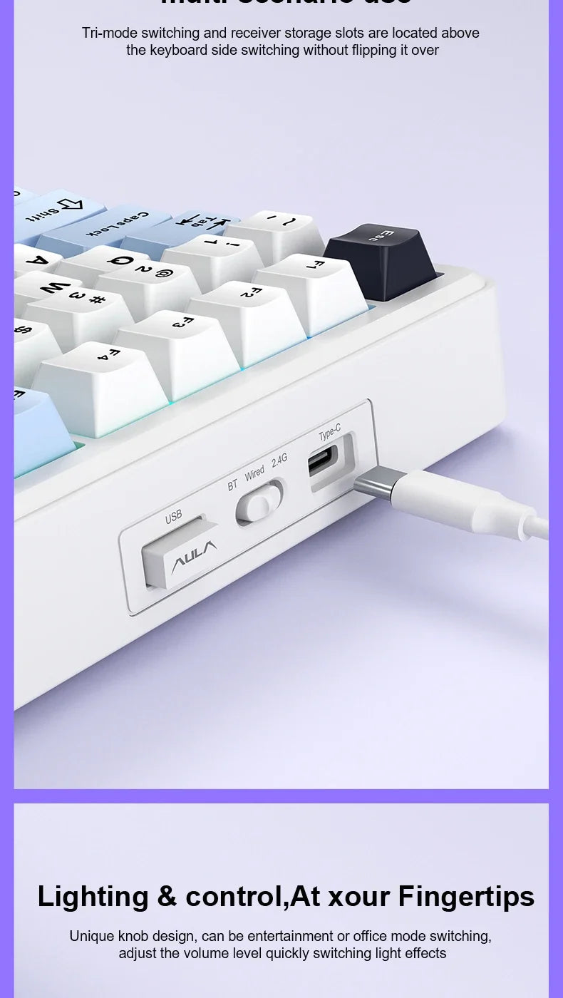 Teclado Mecânico Gaming AULA F75 MAX 2.4G Sem Fios/BT/Com Fio Hot-Swap RGB 75% 81 Teclas Teclado de Escritório com Ecrã TFT