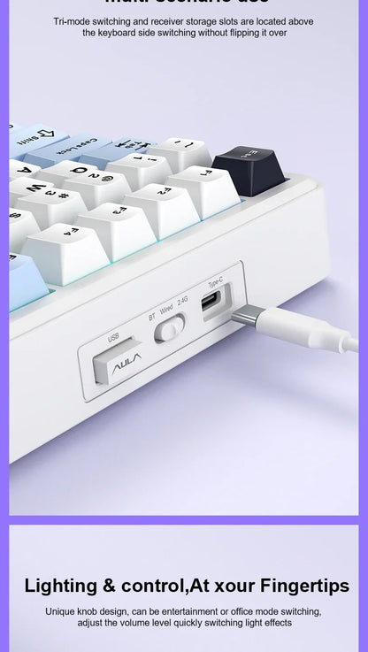 Teclado Mecânico Gaming AULA F75 MAX 2.4G Sem Fios/BT/Com Fio Hot-Swap RGB 75% 81 Teclas Teclado de Escritório com Ecrã TFT