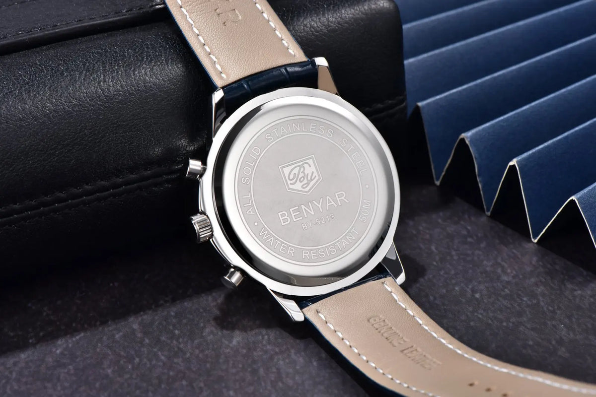 Benyar Luxus-Herrenuhr – Chronograph mit Datumsanzeige, Lederarmband, wasserdicht, leuchtend, sportlicher und militärischer Stil, Quarzuhr