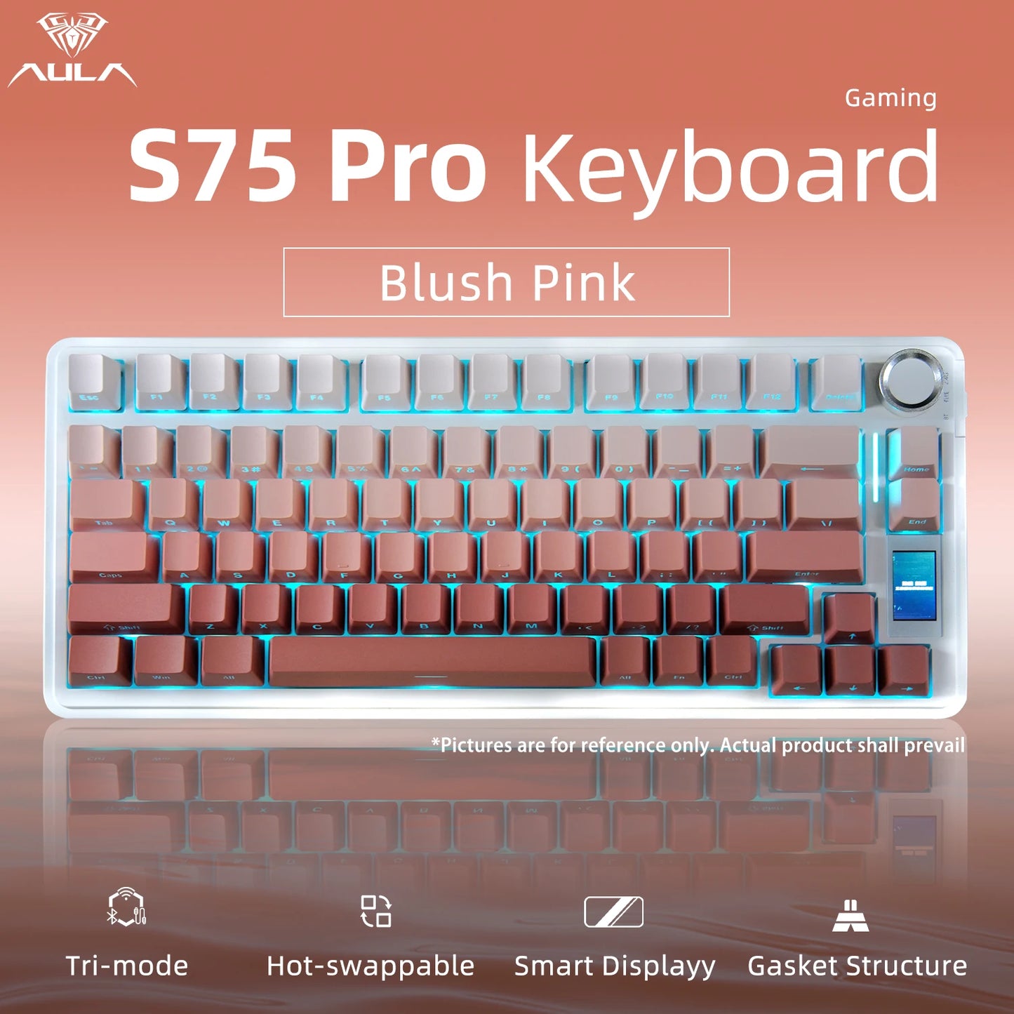 Tastiera meccanica AULA S75 PRO 75% layout personalizzato, retroilluminazione RGB, wireless Bluetooth, tastiera da gaming con schermo e manopola