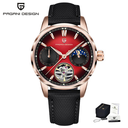 PAGANI DESIGN – Luksuzna mehanska ura za moške, 41 mm, safirno steklo, usnjena zapestnica, vodotesna, v pilotskem slogu, s turbijonom in prikazom lunine faze