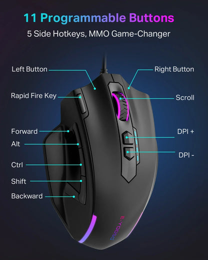 Mouse gaming cablato USB E-YOOSO X-41 Pro con retroilluminazione RGB, 12400 DPI, 11 pulsanti programmabili, mouse ergonomico per lavoro, computer, PC e laptop