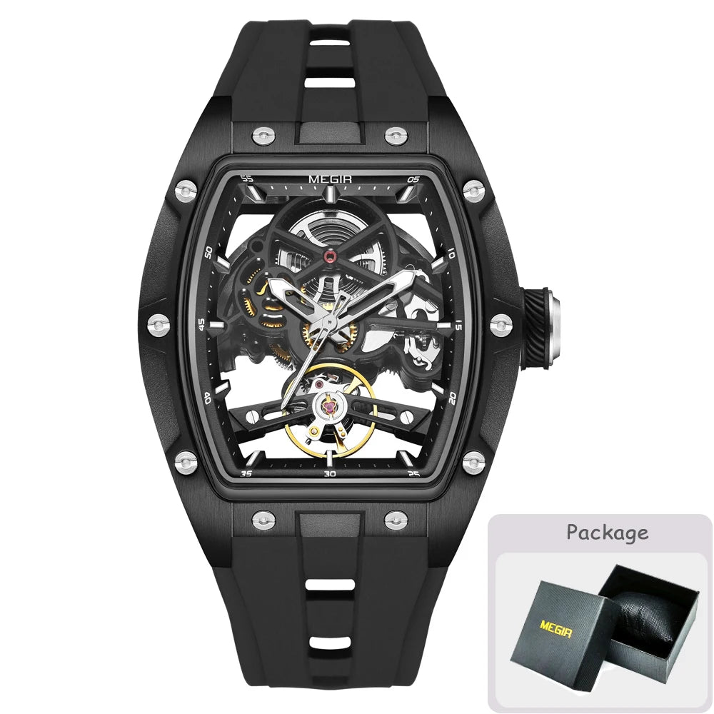 Reloj mecánico para hombre MEGIR, forma de barril, esfera esqueletizada calada, estilo deportivo, correa de silicona, reloj automático de lujo