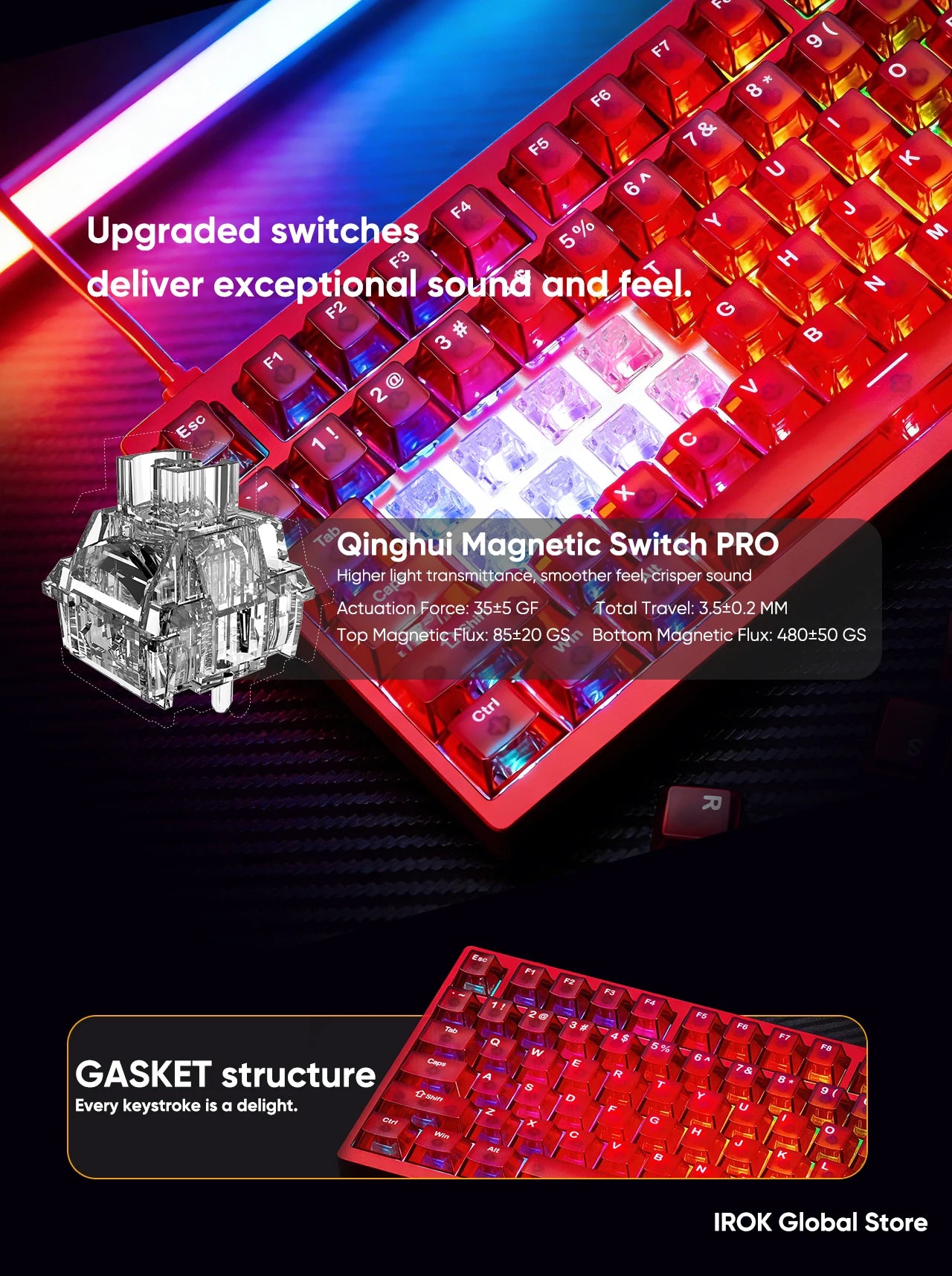 Teclado mecánico gaming magnético de aluminio IROK MG75 V2 MG75V2 Rapid Trigger 0.07ms 8KHz 0.001mm 512K de tasa de escaneo para gamers