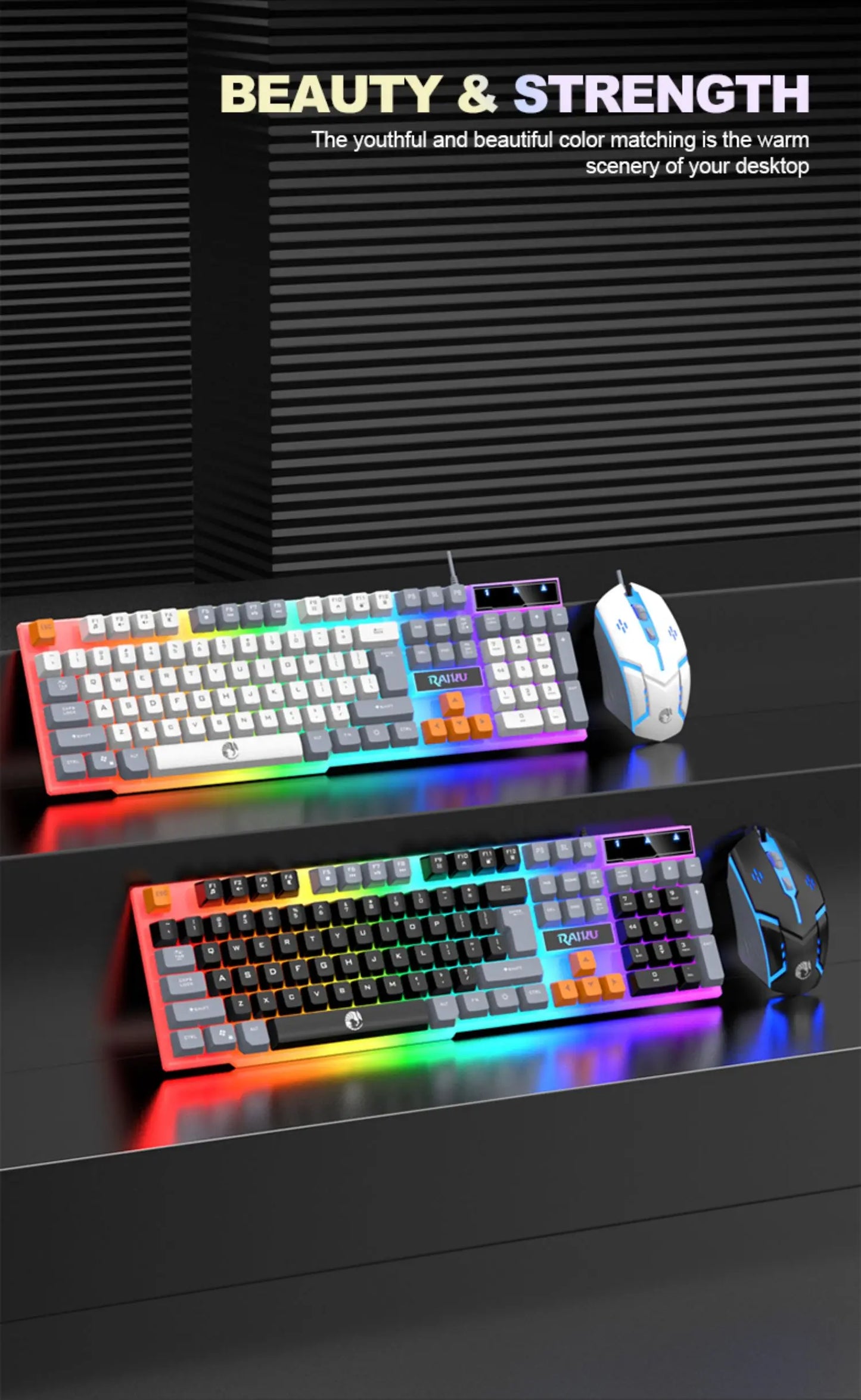 Rainbow LED Backlit Wired Gaming Keyboard And Mouse Combo with 104 Keys 3D Scroll Wheel 1600 DPI USB Interface Ergonomic PC Game