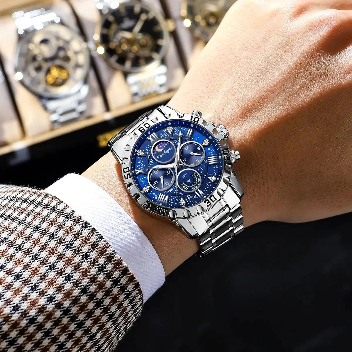 Reloj para hombre POEDAGAR: cronógrafo de lujo, resistente al agua y luminiscente, de acero inoxidable, de estilo deportivo y militar, con movimiento de cuarzo