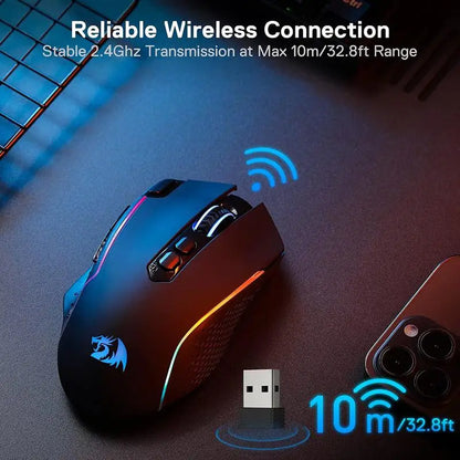 Ratón gaming inalámbrico Redragon M810 Pro, ratón gamer con cable de 10000 DPI con tecla Rapid Fire, 8 botones macro, negro/blanco
