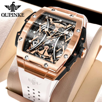 Reloj OUPINKE para hombre, clásico de lujo, esfera tonneau, marca premium original, movimiento mecánico automático, correa de silicona, cristal de zafiro, nuevo