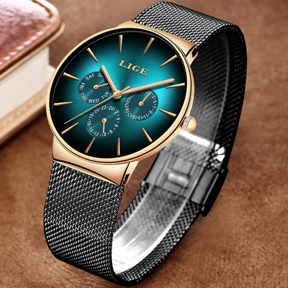 Relógio feminino LIGE, elegante e moderno – Estilo desportivo e descontraído, bracelete em malha, movimento de quartzo, indicação da data e do dia, resistente à água.