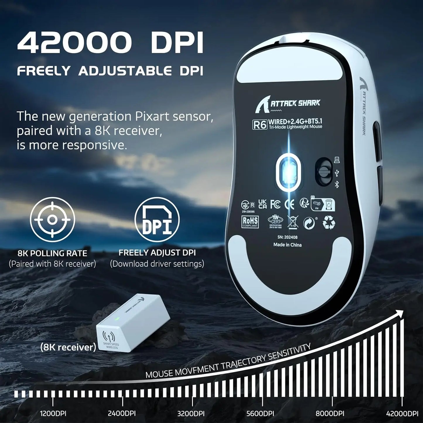 Mouse gaming wireless leggero Attack Shark R6, mouse per computer con sensore PAW 3950Max e Nordic 52480, polling 8KHz