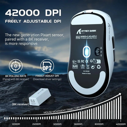 Mouse gaming wireless leggero Attack Shark R6, mouse per computer con sensore PAW 3950Max e Nordic 52480, polling 8KHz