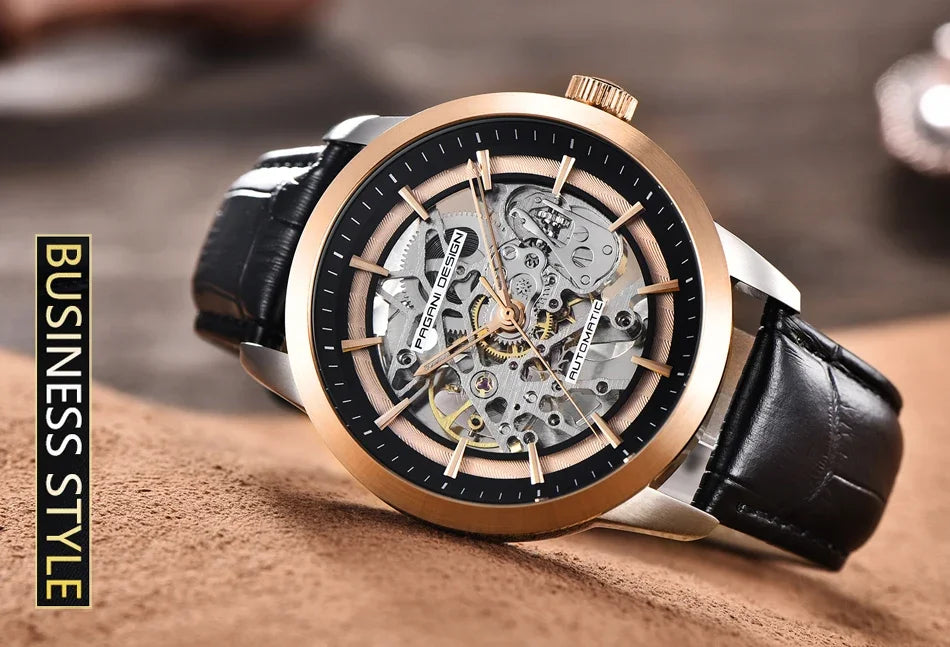 PAGANI DESIGN Business Man Watch Luxury Skeleton Hollow Leather Men's Wristwatch New Mechanical Male Clock