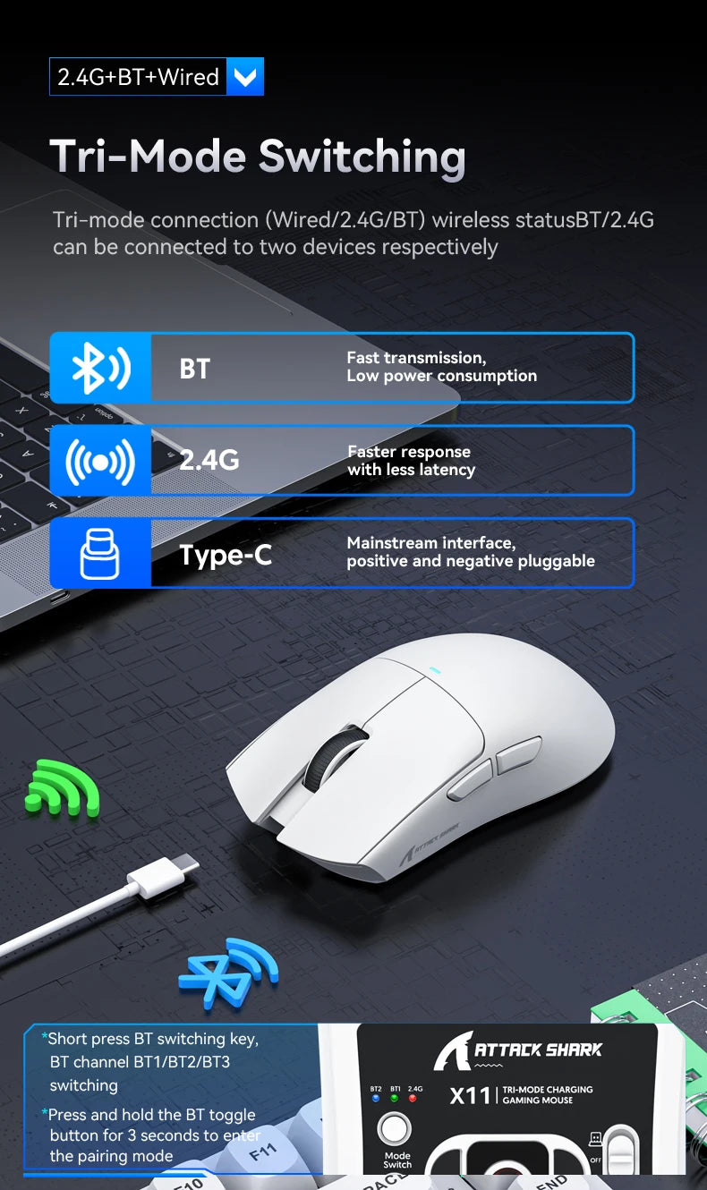 ATTACK SHARK X11 Tri-Mode Lightweight Gaming Mouse with PAW3311, 22000DPI, 400IPS, 40G, 59g, Magnetic Fast Charging, RGB Backlight