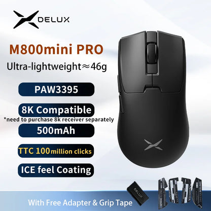 Delux M800mini trådlös gamingmus, 46g lätt, PAW3395/PAW3311, 1KHz polling rate för PC-gamers med små till medelstora händer