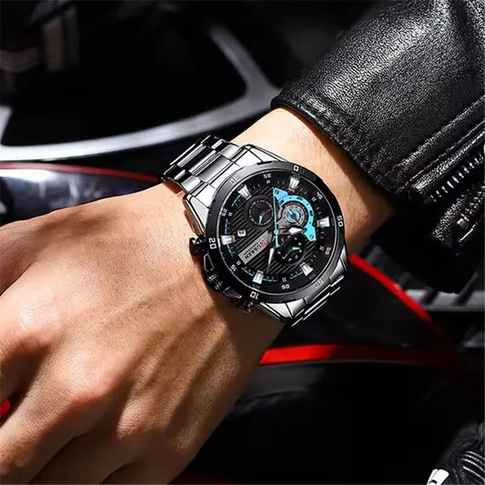 Montre homme de luxe CURREN 8402, neuve, en acier inoxydable, étanche, avec chronographe et éclairage nocturne.