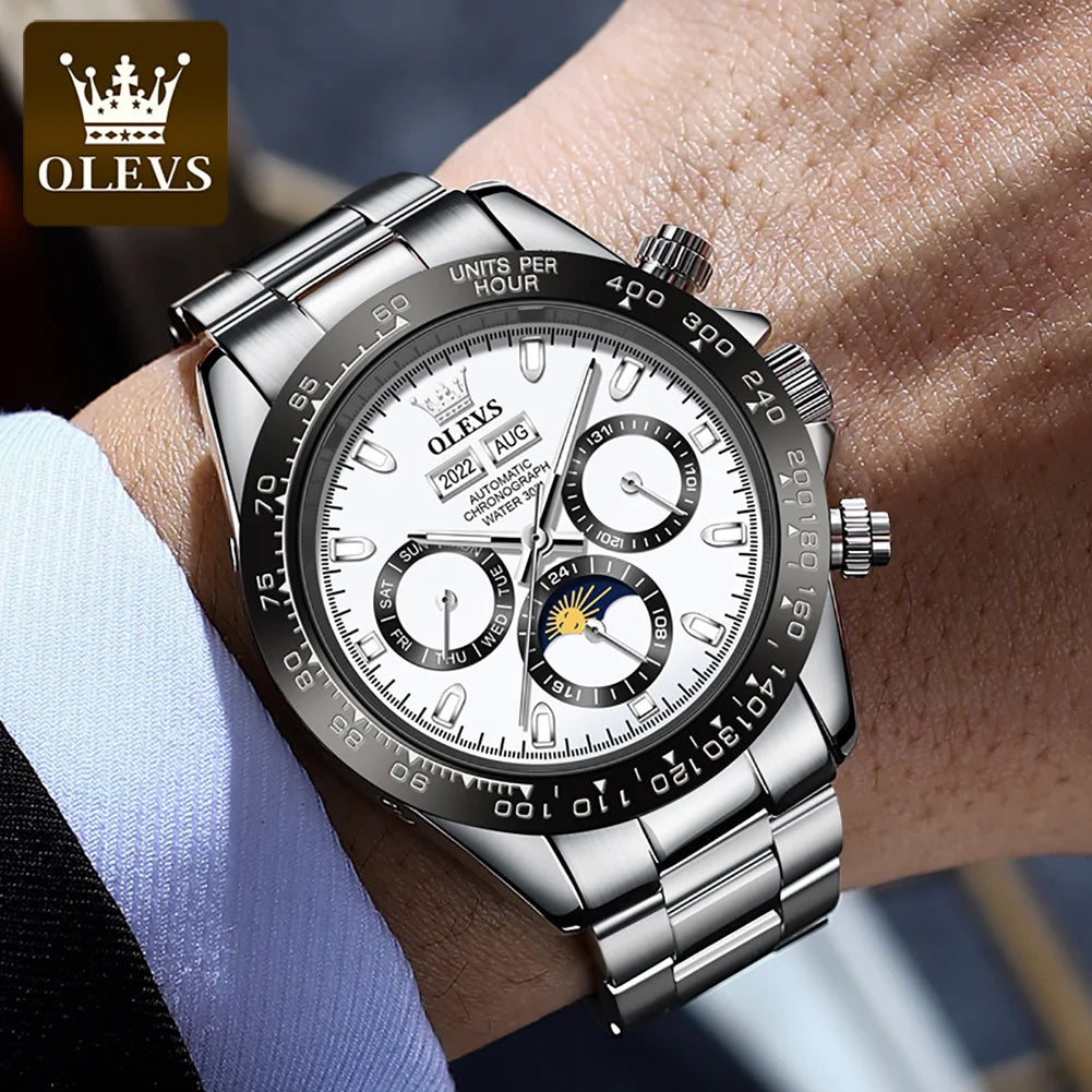 OLEVS 6654 Luxury Mens Watch Chronograph Automatic Mechanical Wristwatch Waterproof Luminous Top Brand Watch for Man Date Sport